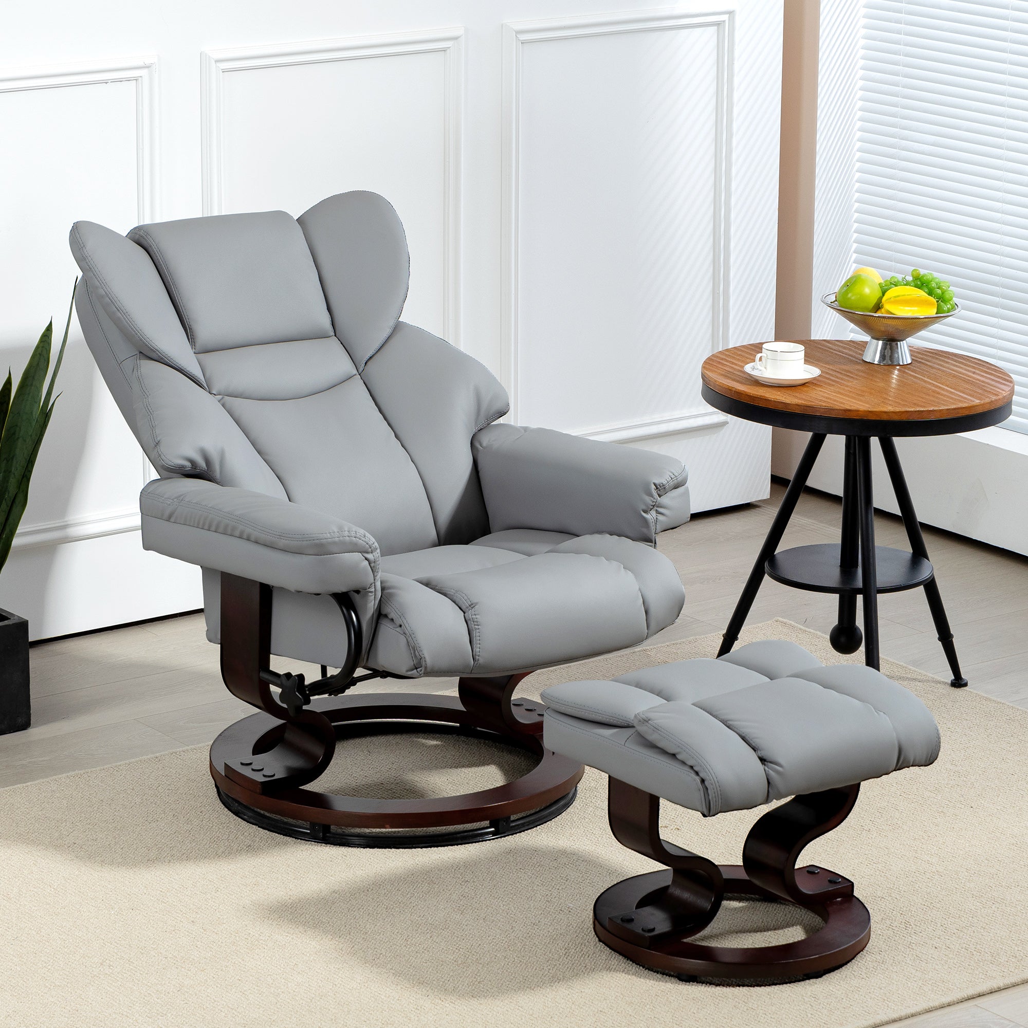 HOMCOM 360° Swivel Recliner Chair with Footstool, PU Leather Manual Recliner Armchair with Solid Wood Base, Upholstered Reclining Chair for Living Room, Bedroom, Office, Light Grey